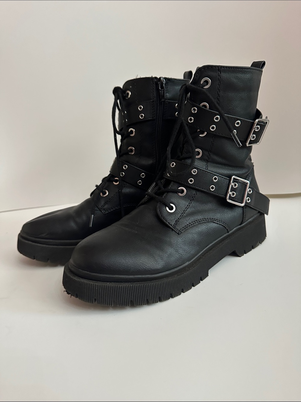 Primark Black Lace-Up Combat Boots with Buckle Straps